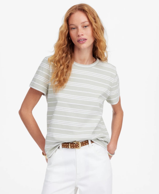 Madewell The Perfect Crewneck Cotton Tee Sz S Dusty Celadon Striped Short Sleeve